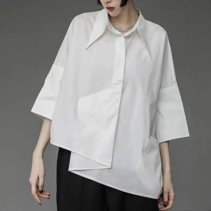 Y2K Women Chiffon Black Shirt Gothic Fashion Streetwear Loose Tops Dark Academic Irregular Casual Three Quarter Female Blouse