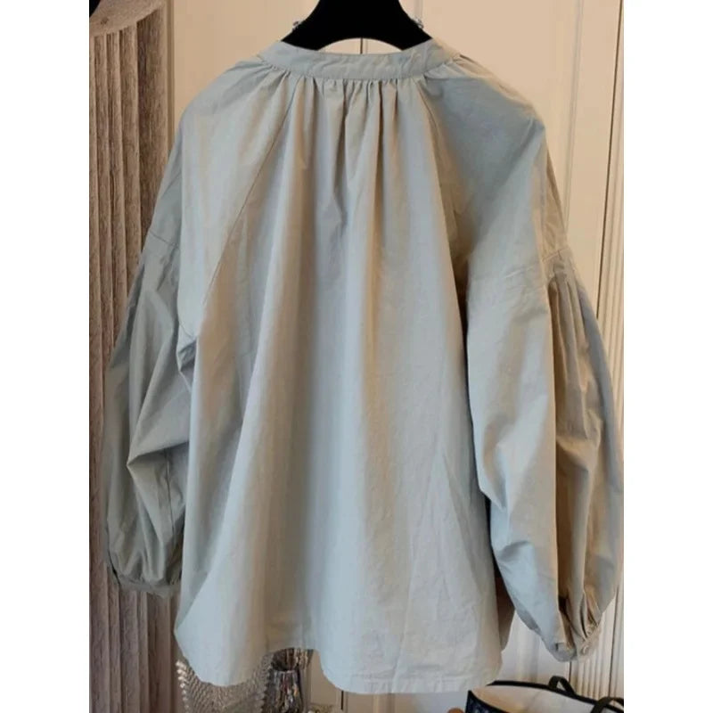 Korean Chic Stand Collar Lantern Sleeve Shirt Casual Loose Design Lazy Shirt Folded Women's Button up Cotton Blend Shirt