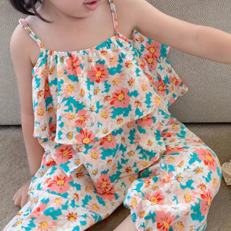 2024 Summer New baby Girls' Suits Cute Floral Vest And Anti-Mosquito Pants Children Clothing Sets Fashion Kids Outfit