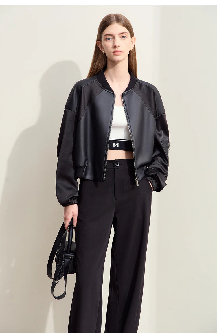 Amii Minimalism PU Leather for Women 2024 Autumn New Casual Handsome Baseball Collar Zipper Short Retro Female Jacket 12423080