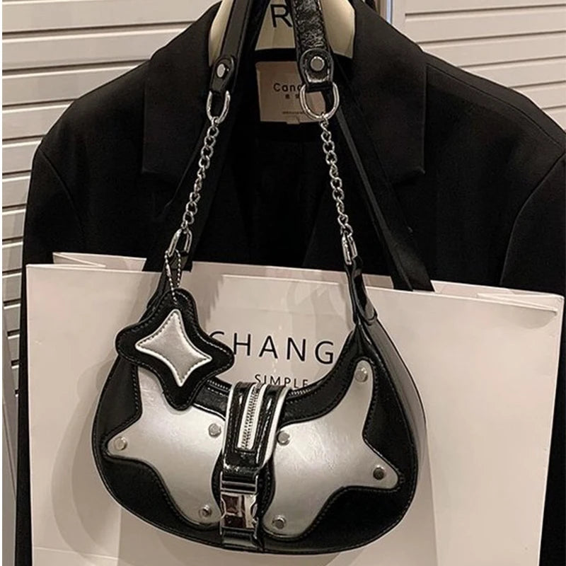 2025 New Star Moon Studded Motorcycle Bag Contrast Color Underarm Shoulder Bag Women's Edgy Crossbody Purse