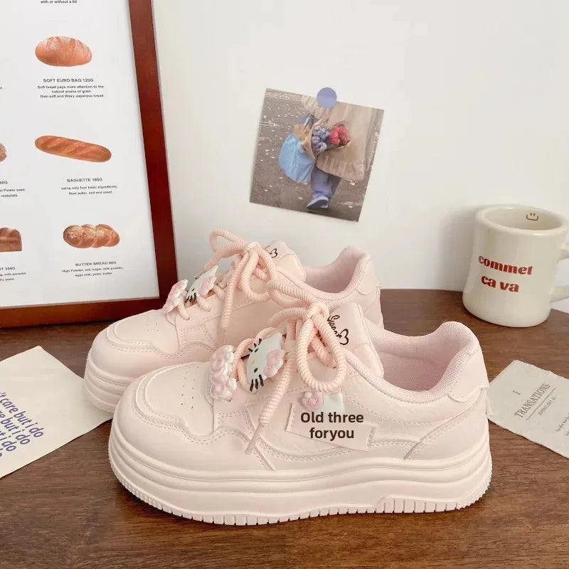 Pink Thick Bottom Skate Shoes Women's Versatile Spring New Chic Design Korean Style Breathable Sports Flat Shoes