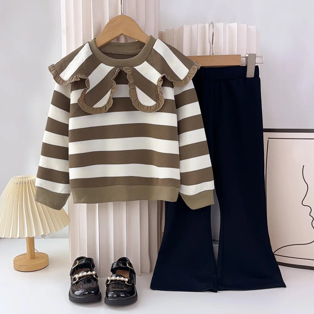 Girls' Long Sleeve Set Autumn and Winter New Girls' Large Lapel Pleated Stripe Top+Bell-bottoms Two Piece Girls' Set