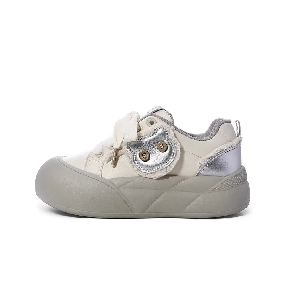 Spring Women's Dopaamine Board Shoes Versatile Thick Bottom Bread Style Casual Chic Sneakers Rubber Outsole Anti-Slip Synthetic