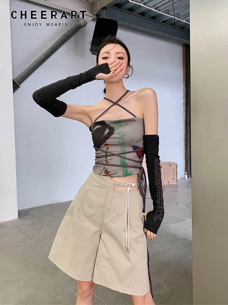 CHEERART Bandage Halter Neck Top Bodycon Backless Strapless Corset Top Women Summer 2021 Print Brown Tube Top Korean Fashion