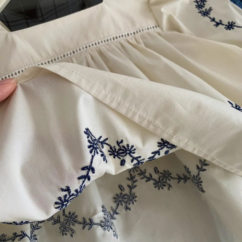 2025 Spring Girls Fashion Clothes Set 2-7 Y Children's Embroidered Square Collar Blouse and Heart Jeans 2Pcs Suit Kids Outfit