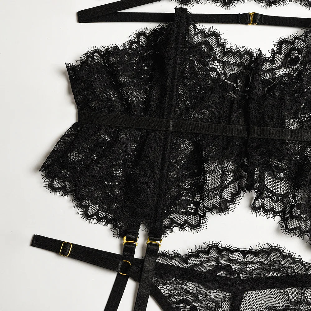 Diccvicc Beautiful Lingerie Eyelash Elegant Transparent Lace Bra Panty Set Floral Embroidery Women Sexy Underwear Exotic Outfit