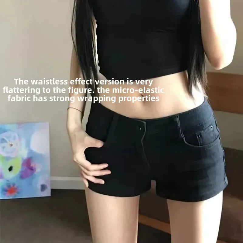 Black Low Waist Denim Super Short Tight Women's Summer Hot Pants American Spicy Girl Elastic Shorts Mini Length Slimming Trendy