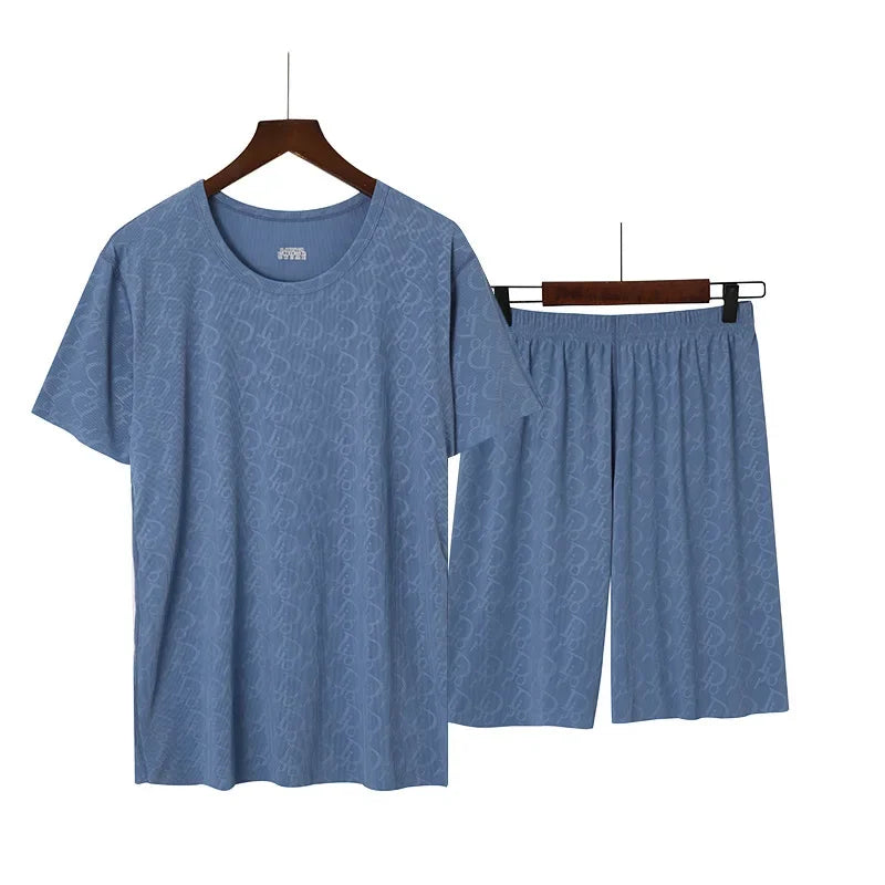 Summer Men's Ice Silk Pajamas Short Sleeves Printed Suit Home Clothes Five-Minute Pants Lightweight Comfortable Sleepwear