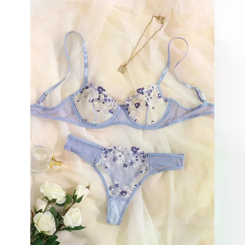 Transperant Lingerie Set Women Mesh Net Sexi Lenceria Sensual Mujer Bra Sets Embroidery Floral Underwired