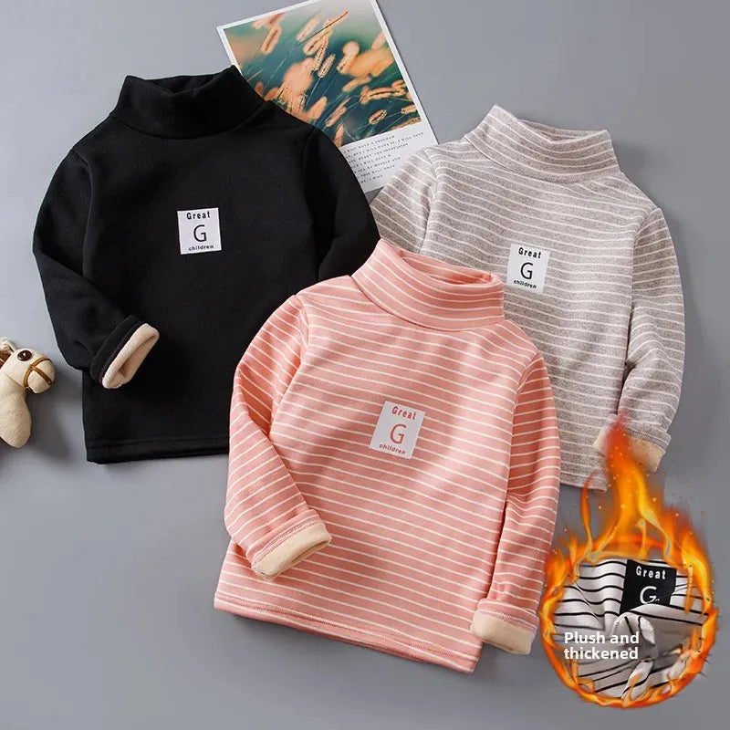 Children's Autumn Winter Fleece-Lined Sweatshirt Casual Style Middle Neck Base Layer Top Outer Wear Boys Girls Home Clothes