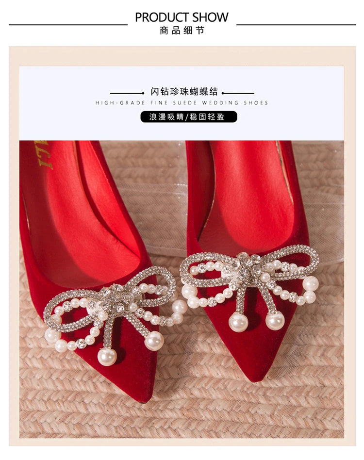 Wedding shoes bride shoes women new pearl thick heel shallow mouth pointed Xiuhe main wedding dress not tired foot single shoes