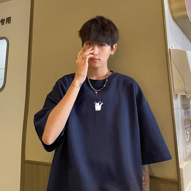 Men's Oversized T-shirts Fashion 5XL White Cotton T Shirt for Men Casual Summer Wear Funny Cat Print Tee Shirts Men Clothing