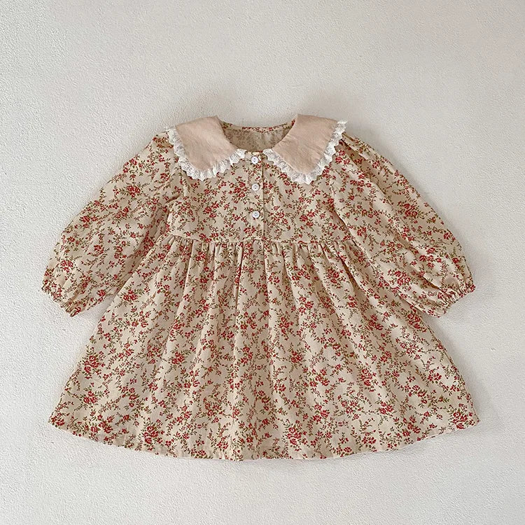Sweet Kids Baby Girls Long Sleeve Flower Printing Princess Dress Autumn Baby Girls Doll Collar Dress Children Clothes Dress