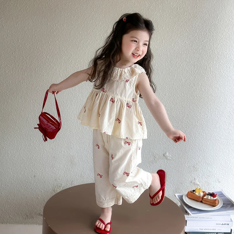 Girls Summer Embroidered Bow Two-piece set Baby Lace Collar Sleeveless Top Pants Sets Kids Clothes Set