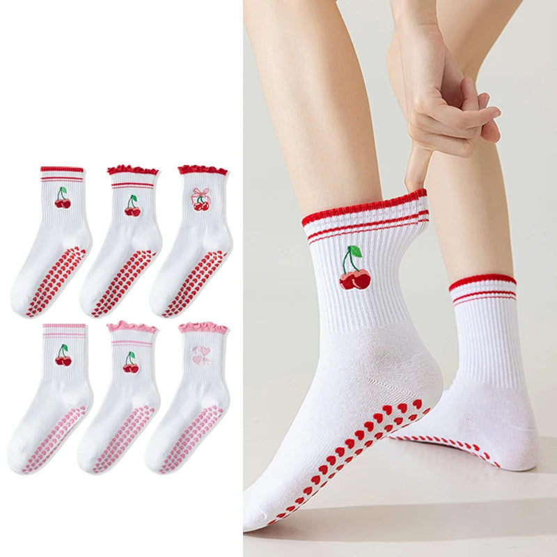 Yoga Socks Women Cotton Cherry Embroidered Lettuce-Edge Dot Silicone Non-slip Grip Pilates Crew Socks
