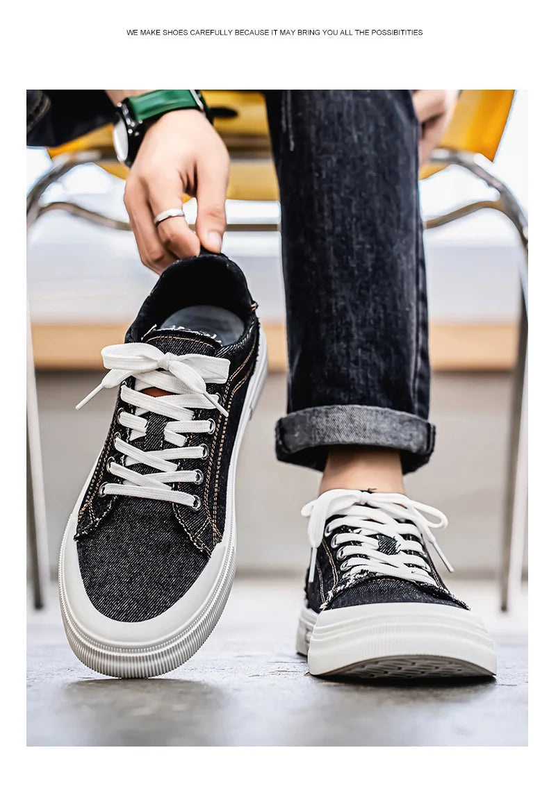 New streetwear denim sneakers men's fashion tied up runway shoes male canvas sneakers hip-hop shoes large size 47 48 boy trainer