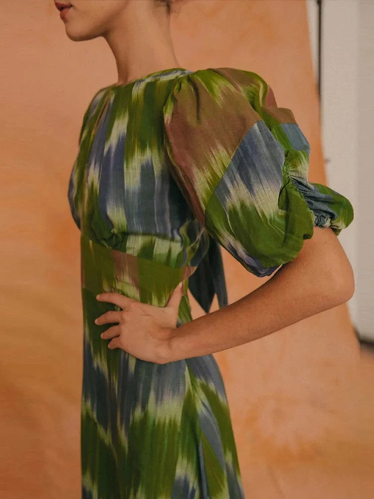 Fashion Backless Midi Dress For Women Summer Chic Print Short Puff Sleeves Split Long Dresses Female Holiday Beach Party Robe