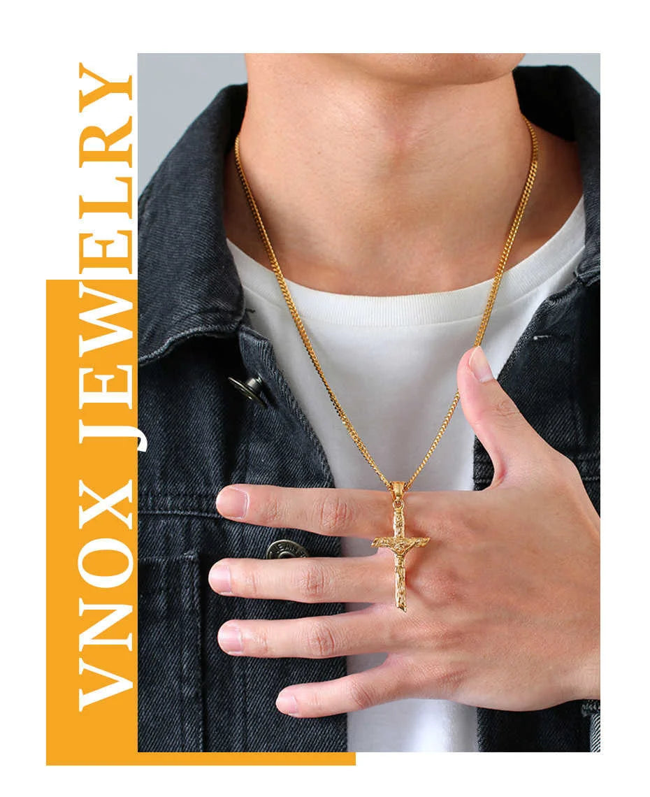 Vnox Cross Necklace for Men Women,Catholicism Jesus Pendant,Gold Color Stainless Steel Unisex Collar,Church Prayer Faith Jewelry