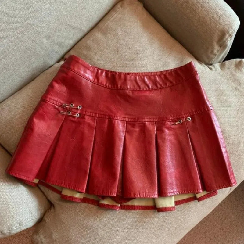 American PU Leather Pleated Skirt Women Slim High-waisted Design Mini Skirt Red Black