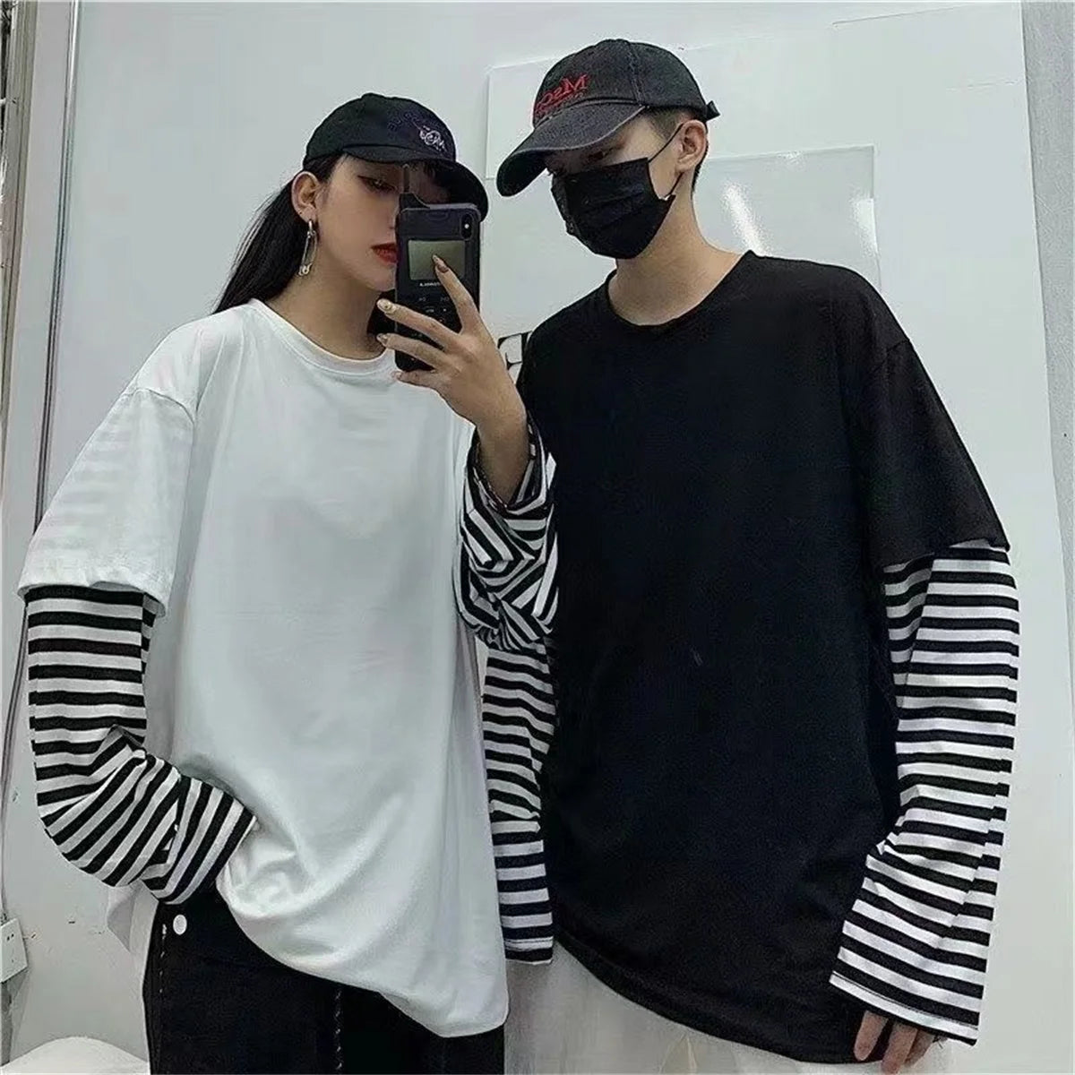 Long Sleeve Fake Two-piece T Shirt Striped Big Shirts Men Clothing Men Fashion Oversized Tees Clothes Tshirt Harajuku Tops Femme