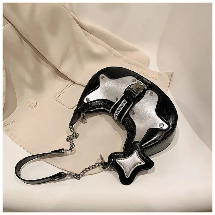 2025 New Star Moon Studded Motorcycle Bag Contrast Color Underarm Shoulder Bag Women's Edgy Crossbody Purse