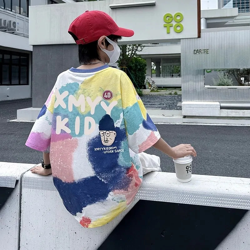 All Over Graffiti Print T-shirts for Boy Korean Children's Clothes 2025 Summer Casual Crew Neck Short Sleeve Top Streetwear Tees
