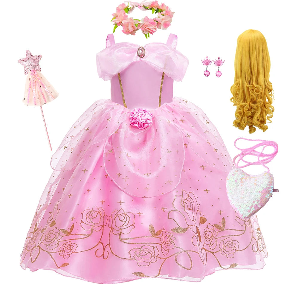 Aurora Pink Princess Dress Girl Sleeping Beauty Cosplay Costume Summer Floral Rose Print Sling Frocks 2-10 Yrs Kids Elegant Gown