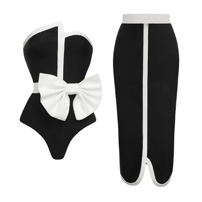 2024 New Off Shoulder Bow Tie One Piece Swimsuit Set Summer Swimwear Women Beachwear Luxury Bathing Suit