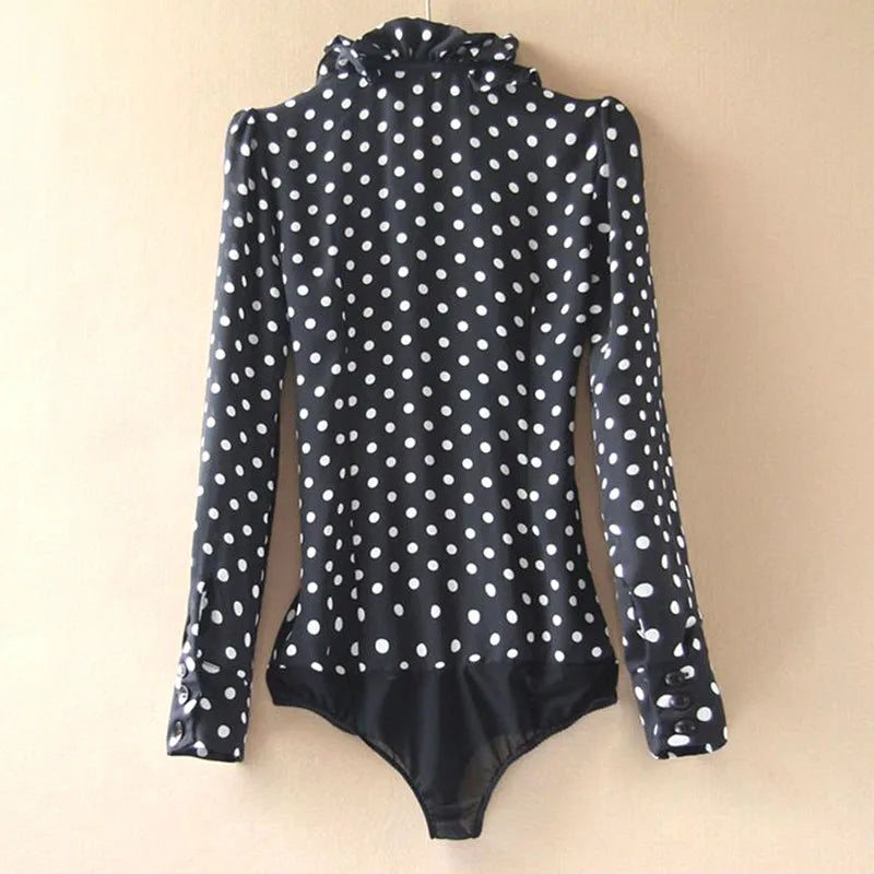 Fashion Polka Dot Print Bodysuit Women Black Body Shirt Long Sleeve Blouses Female Korean Ruffles Jumpsuits Romper Tops 2025 New