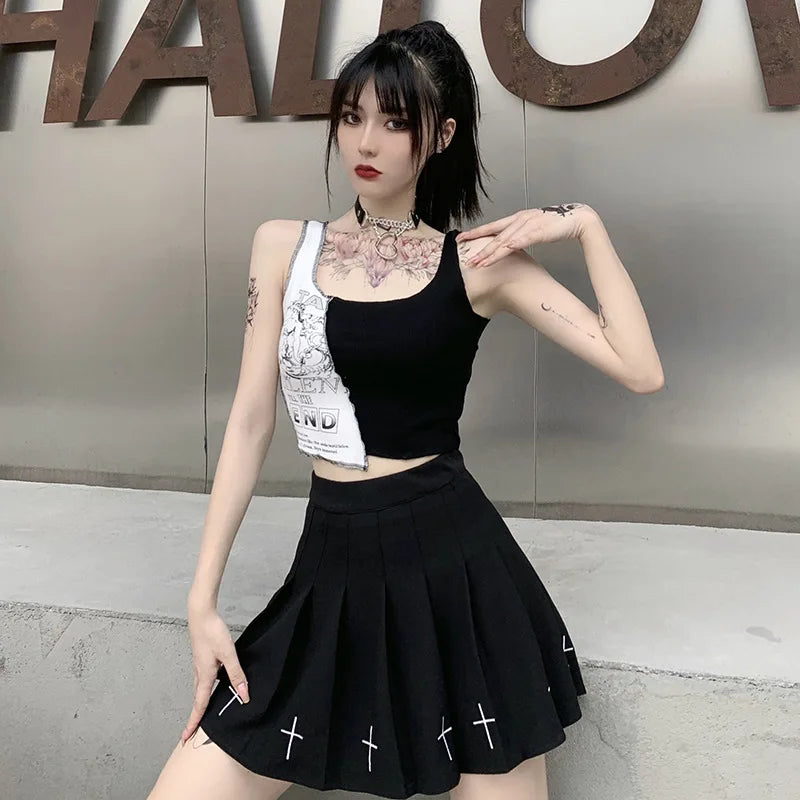 Punk Style Patchwork Tank Tops Aesthetic Letter And Graphic Print Women Crop Top Color Blocking Sleeveless Streetwear