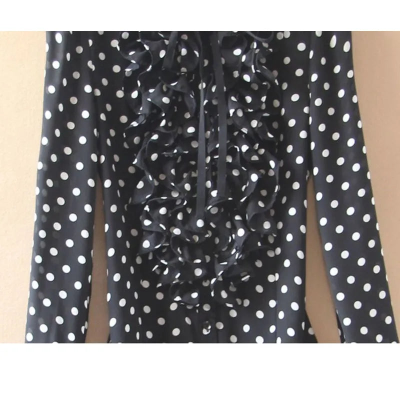 Fashion Polka Dot Print Bodysuit Women Black Body Shirt Long Sleeve Blouses Female Korean Ruffles Jumpsuits Romper Tops 2025 New