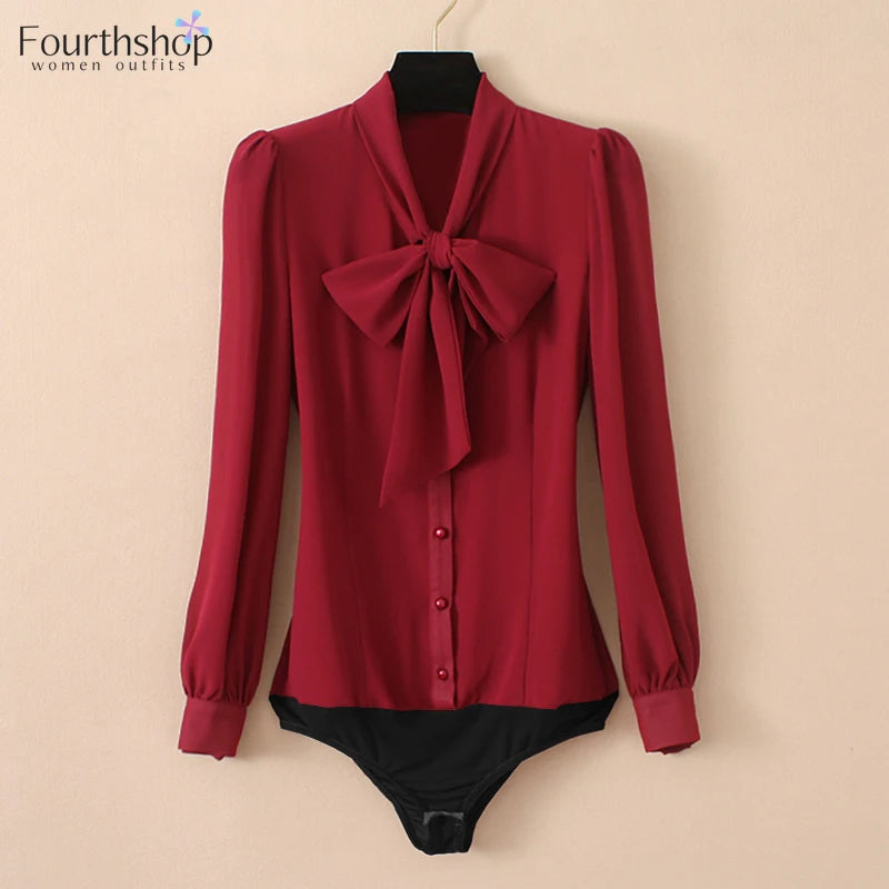 2025 Elegant Chiffon Bodysuit Women Lantern Long Sleeve Bow Tie Neck Office Work Lady Tops and Blouses Female Formal Body Shirt