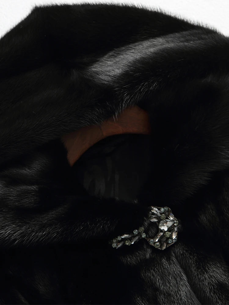 Lautaro Winter Luxury Long Black Faux Mink Fur Coat Women with Hood Long Sleeve Elegant Thick Warm Fluffy Furry Jacket 6xl 7xl