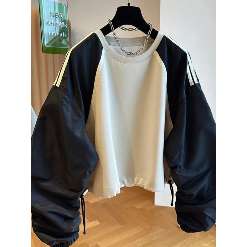Wholesale 2024 Spring New Loose Patchwork Contrasting Raglan Sleeves With Drawstring Waist Collection Women's Sweatshirts
