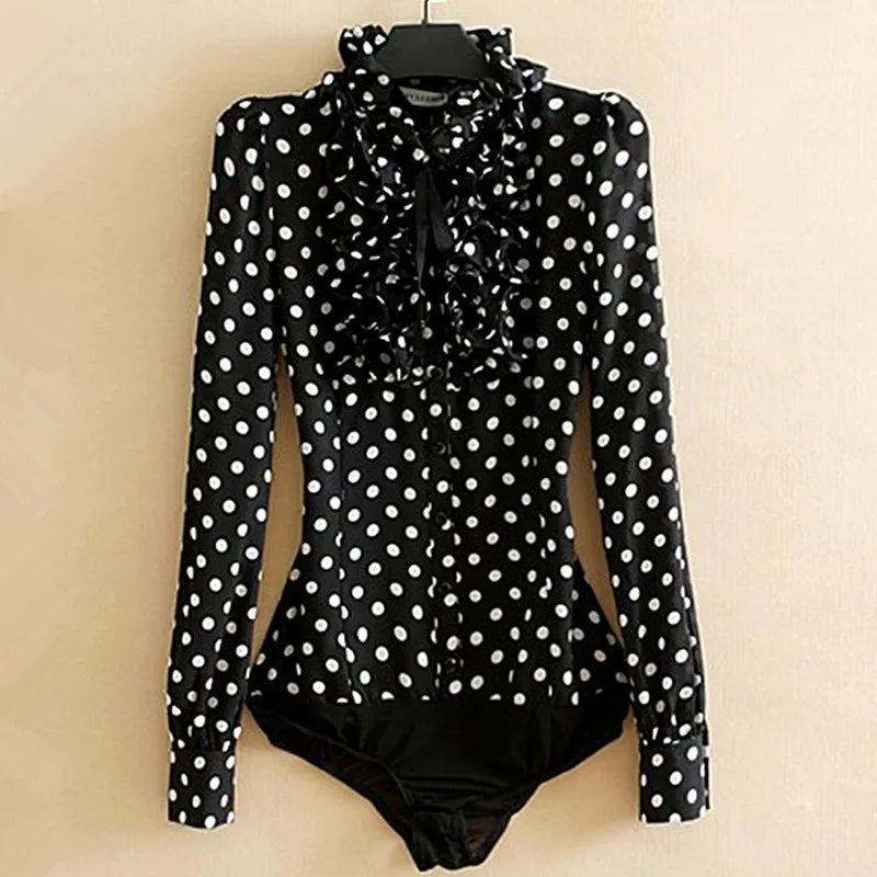 Fashion Polka Dot Print Bodysuit Women Black Body Shirt Long Sleeve Blouses Female Korean Ruffles Jumpsuits Romper Tops 2025 New
