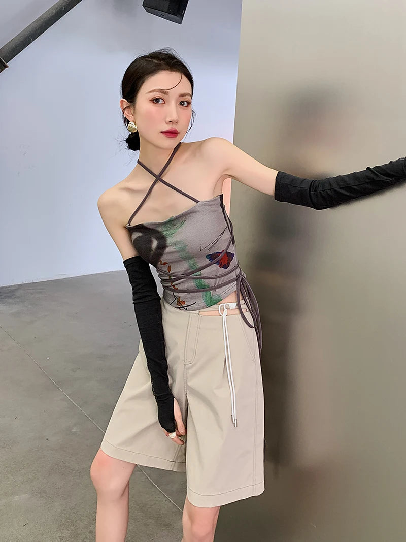 CHEERART Bandage Halter Neck Top Bodycon Backless Strapless Corset Top Women Summer 2021 Print Brown Tube Top Korean Fashion