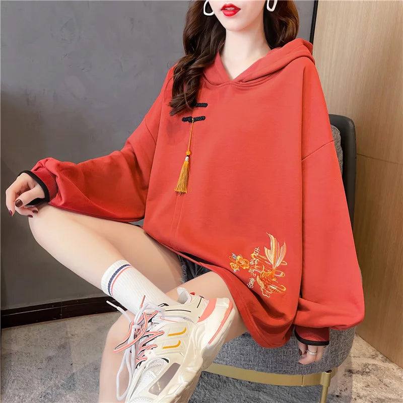 Chinese Style Lucky Carp Embroidery Loose Hoodies Women Drop Shoulder Buckle Tassel Hooded Sweatshirt Female Vintage Clothes