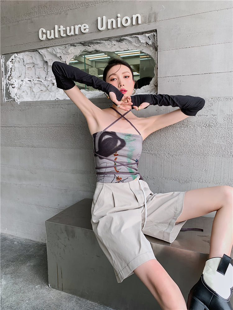 CHEERART Bandage Halter Neck Top Bodycon Backless Strapless Corset Top Women Summer 2021 Print Brown Tube Top Korean Fashion