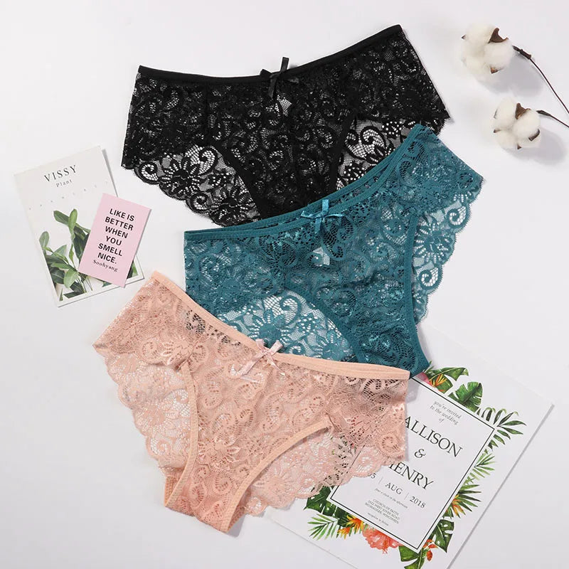 Women's Sexy Lace Panties With Big Size S-XL 5 Colors High-Crotch Transparent Floral Bow Soft Briefs Underwear Lingerie