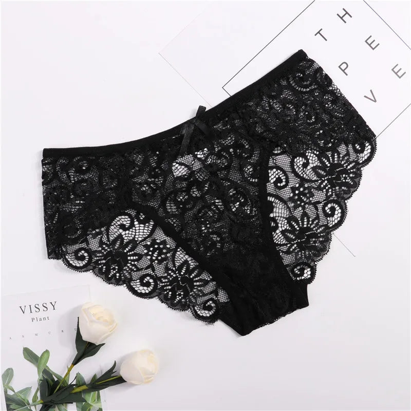 Women's Sexy Lace Panties With Big Size S-XL 5 Colors High-Crotch Transparent Floral Bow Soft Briefs Underwear Lingerie