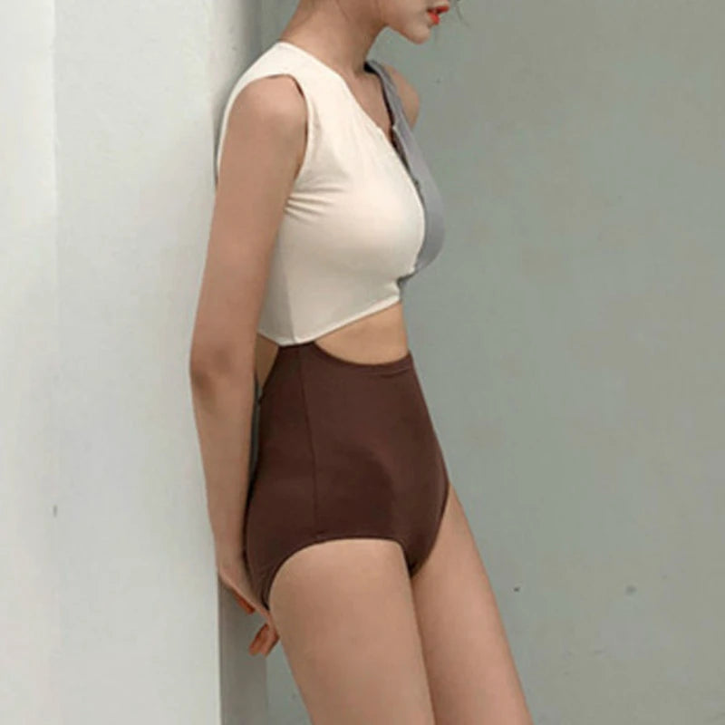 Women Bikini Set Fashion Retro Korean Style Femme One Piece Swimsuit High Waist Sexy Zipper Hollow Out Beach Wear New Swimwear