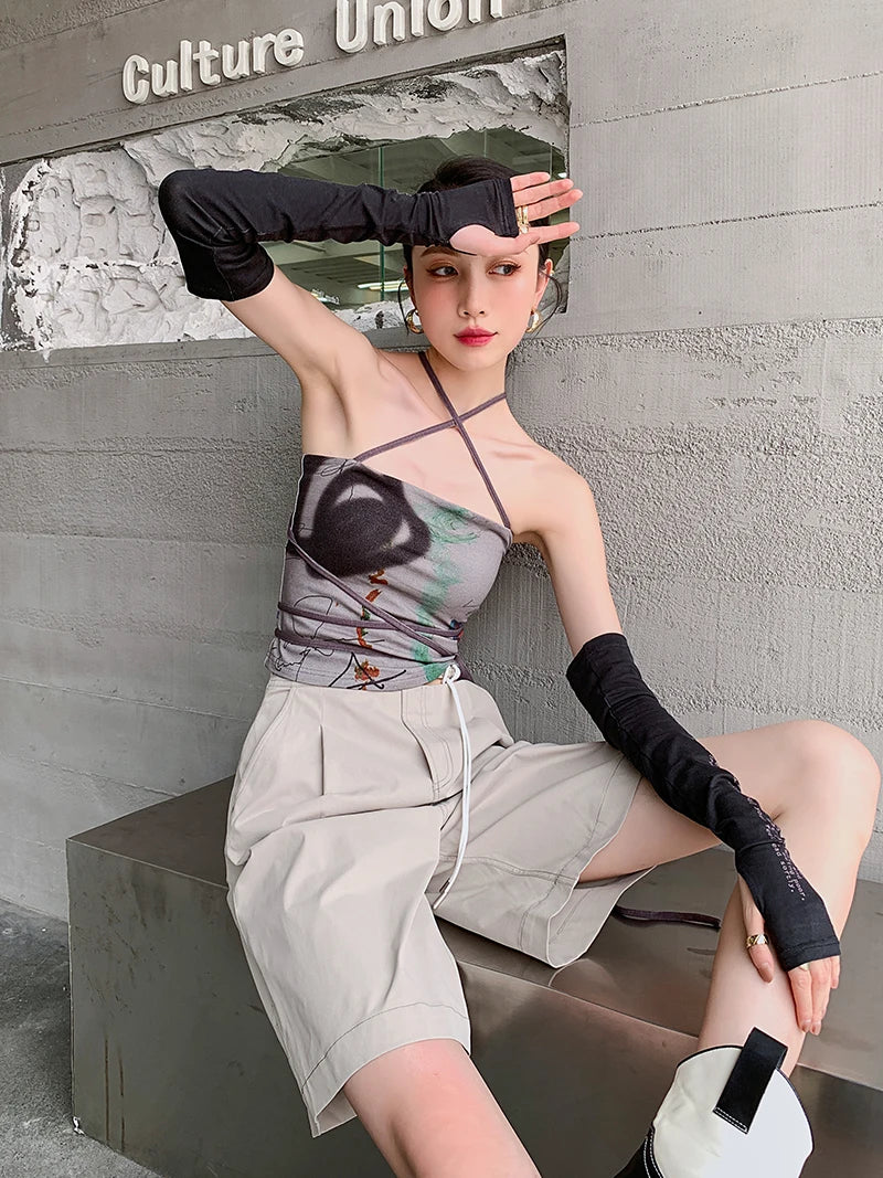 CHEERART Bandage Halter Neck Top Bodycon Backless Strapless Corset Top Women Summer 2021 Print Brown Tube Top Korean Fashion