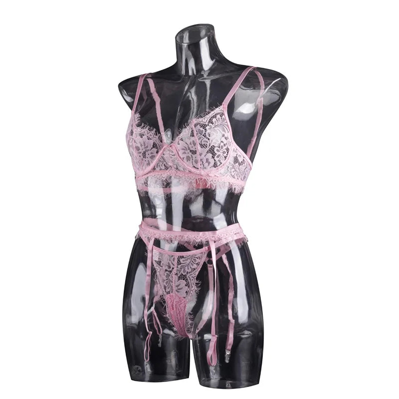 Push up Underwire Bra Set High Quality Sexy Lace Ultra Thin Pink Lingerie Thong and Bra Sets Custom Logo Bra Underwear Set