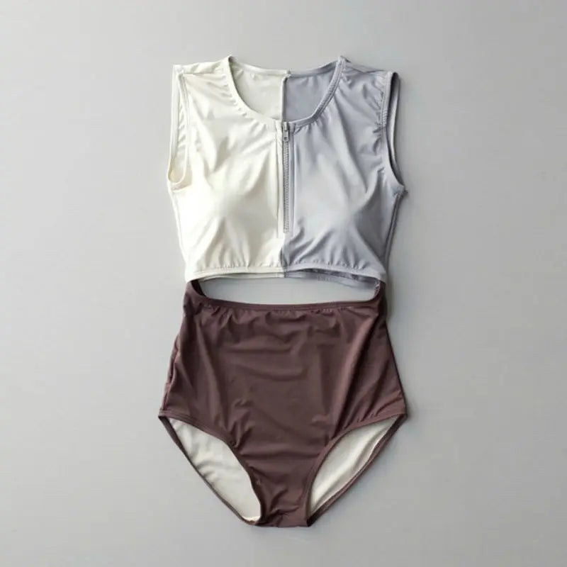 Women Bikini Set Fashion Retro Korean Style Femme One Piece Swimsuit High Waist Sexy Zipper Hollow Out Beach Wear New Swimwear