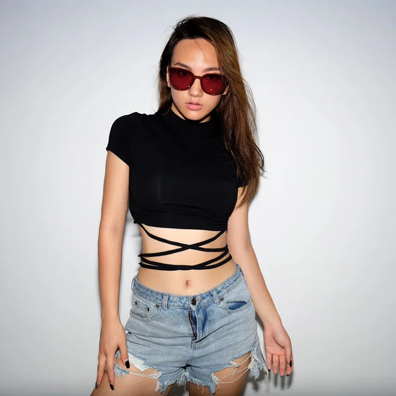 2025 Summer Women Black Short T-Shirts Sexy Crop Tops Short Sleeve Bandage Tee Tops Female Shirts