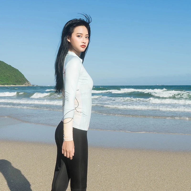 Nu-June Rash Guard Women's Long Sleeve Zipper Surfing Suit, Sun Protection, Quick Dry Bathing Suit, Front Zipper Swimsuit