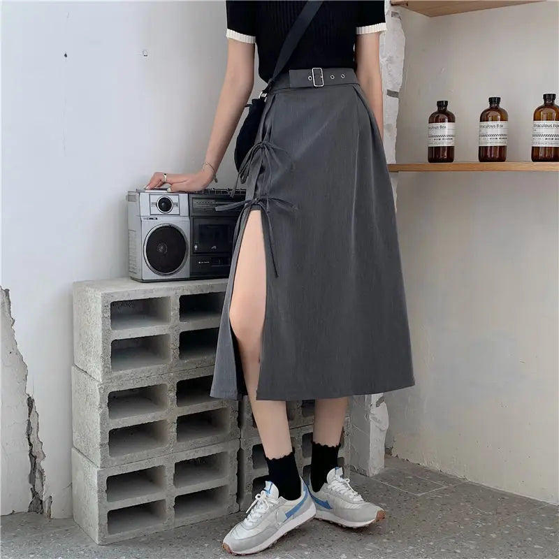 Vintage Dark Gothic High Split Mid-Calf Skirts Women Elegant Fashion Party Club High Waist Femme Bottom Streetwear Goth Skirt