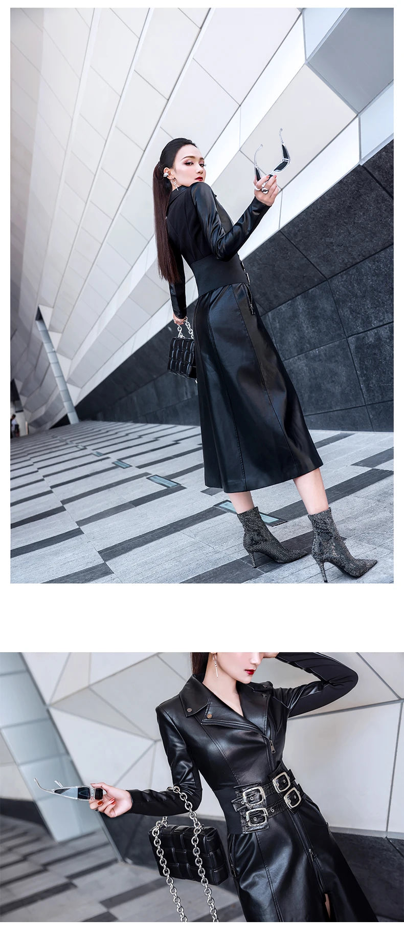 Lautaro Spring black maxi leather dress women long sleeve zipper corset Long tight dress Faux Leather dresses for women 2022