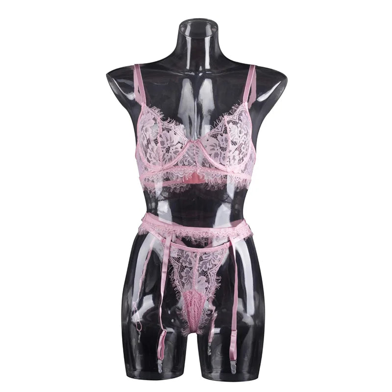 Push up Underwire Bra Set High Quality Sexy Lace Ultra Thin Pink Lingerie Thong and Bra Sets Custom Logo Bra Underwear Set